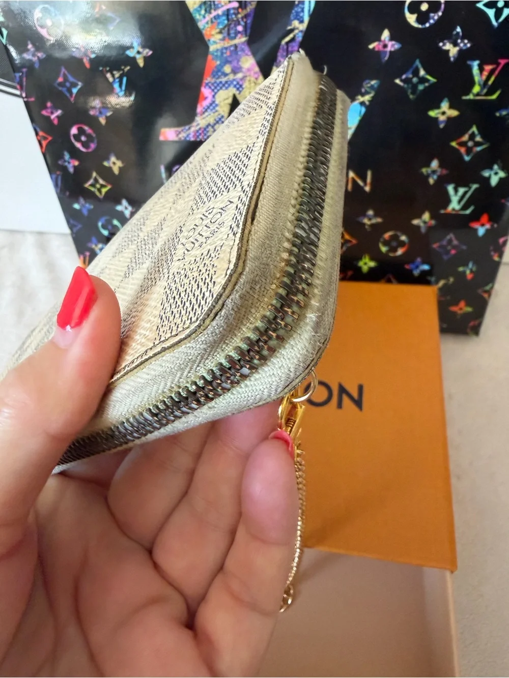 Louis Vuitton Authentic Damier Azur Zippy Long Wallet Purse with Chain